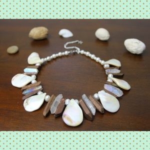 Iridescent Cream Shell Beaded Necklace w/ Bronze & Rose Crystal Quartz Pieces